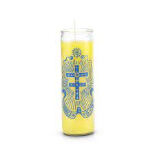 [25312] CANDLE 8" Screened Glass Cruz De Caravaca 12pk Yellow