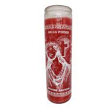 CANDLE 8" Screened Glass Divine Savior / Gran Poder 12PK Red