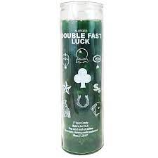 CANDLE 8" screened glass DOUBLE FAST LUCK12PK GREEN