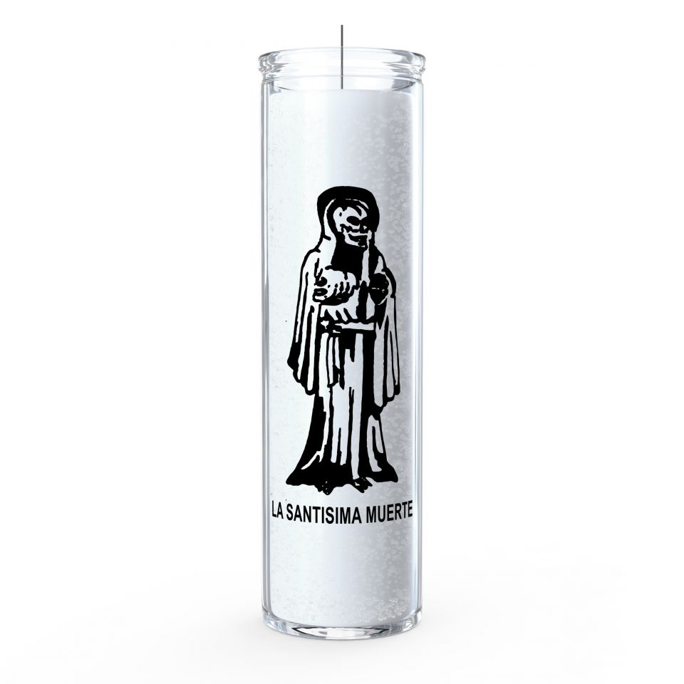 CANDLE 8" Screened Glass SANTA MUERTE 12pk WHITE
