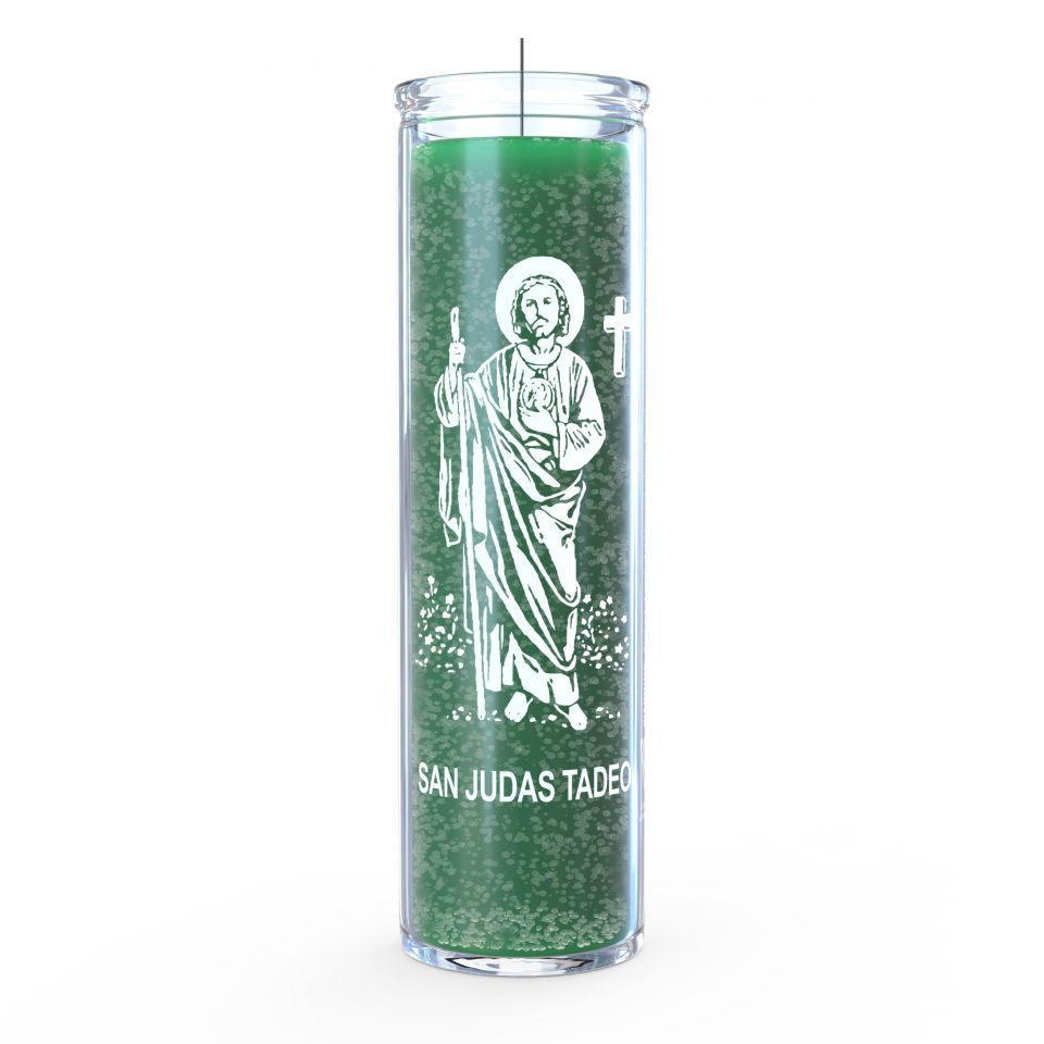 [186148238052] CANDLE 8" Screened glass SAN JUDAS 12PK GREEN