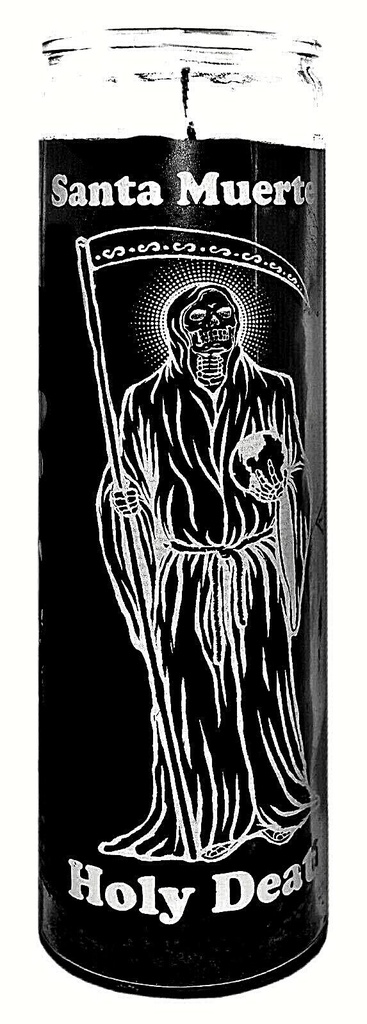 CANDLE 8" Screened Glass Santa Muerte 470ml Black 12pk