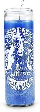 CANDLE 8" Screened Glass Virgen Of Regla 12pk Blue
