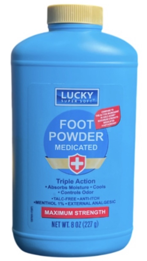 LUCKY MEDICATED FOOT POWDER 8oz /12 exp 1/28