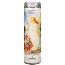 [74604673812042] CANDLE 8" W/Label Guardian Angel 400ml 12PK White
