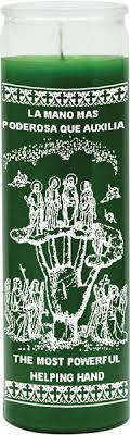 [MANO PODEROSA] CANDLE 8" Screened Glass Hand/Mano Poderosa 12pk Green
