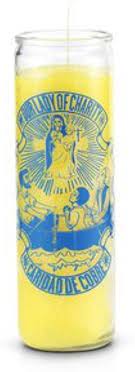 [186148215121] CANDLE 8" Screened Glass Caridad Del Cobre 12pk Yellow