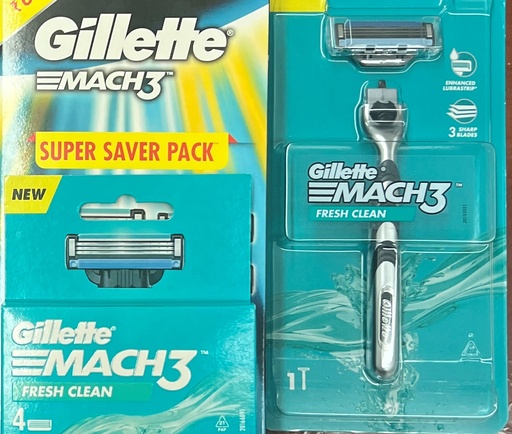 [4987176198198] GILLETTE MACH3 1Razor 4Cartidges Super Saver Pk /24