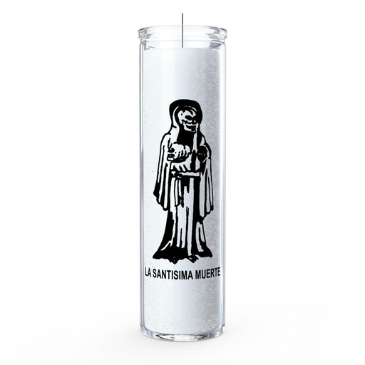[186148309110] CANDLE 8" Screened Glass SANTA MUERTE 12pk WHITE