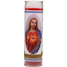 [74604673811052] CANDLE 8" W/Label Sagrado Corazon de Jesus 400ml 12pk Red