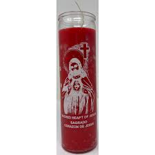 [186148225106] CANDLE 8" Screened Glass Sagrado Corazon de Jesus 12pk Red