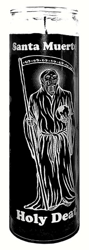 [186148309011] CANDLE 8" Screened Glass SANTA MUERTE 12pk Black