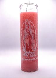 [186148217118Pink] CANDLE 8" Screened Glass Virgin Guadalupe 12pk Pink