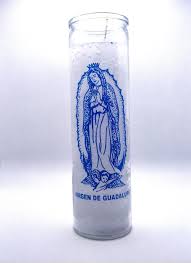 [186148217118] CANDLE 8" Screened Glass Virgin Guadalupe 12pk White