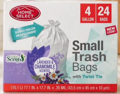 [808829129113] Home Select TRASH BAGS W/TWIST Tie 4GL 24ct /24